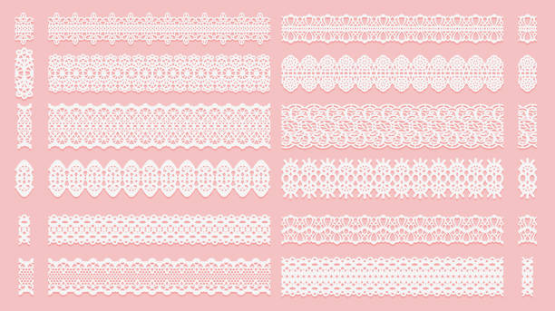 ilustrações de stock, clip art, desenhos animados e ícones de set of lace pattern brushes. tracery ribbons isolated on a pink background. elements for decor scrapbooking wedding invitations and cards. - lace frame