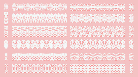 Set of lace pattern brushes. Tracery ribbons isolated on a pink background. Elements for decor scrapbooking wedding invitations and cards. Vector illustration.