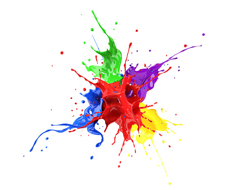 Red, blue, violet, yellow and green paint splash explosion, splashing against one another. isolated on white.