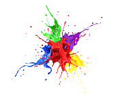 Red, blue, violet, yellow and green paint splash explosion, splashing against one another.