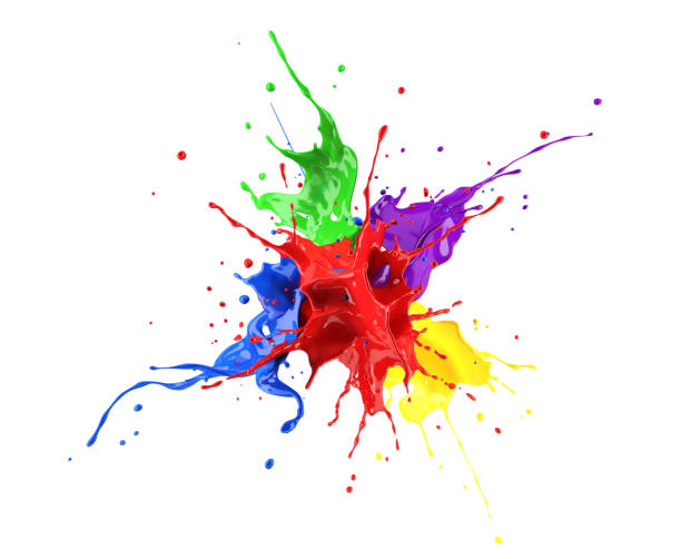 Red, blue, violet, yellow and green paint splash explosion, splashing against one another. Red, blue, violet, yellow and green paint splash explosion, splashing against one another. isolated on white. Splattered stock pictures, royalty-free photos & images