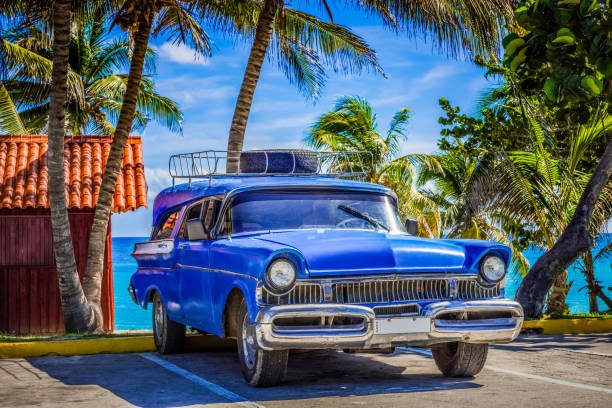 istock HDR - American blue vintage car parked in the front view under palms on the beach in Varadero Cuba - Serie Cuba Reportage 1093736310