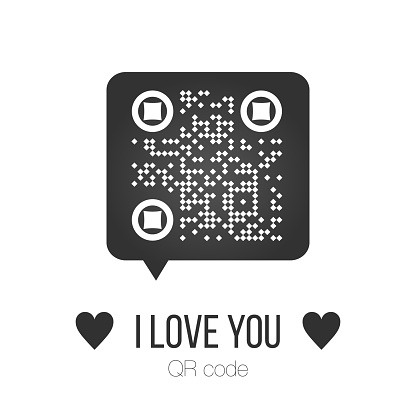 Vector illustration of chat bubble with QR code and scan me sign. Scanned Qr code reads I love you with hearts, valentine sticker, t-shirt graphic, greeting card