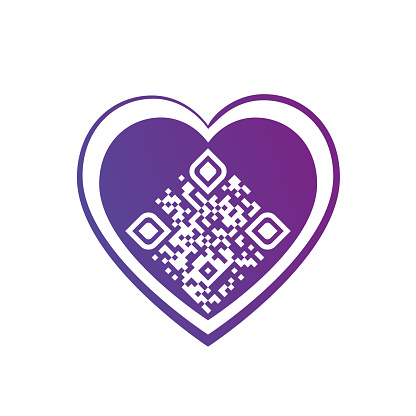 Vector illustration of I LOVE YOU QR code in purple heart on white background. Can be used as valentine sticker, greeting card, love message, t-shirt graphic, love label