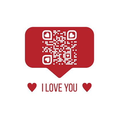Vector illustration of I LOVE YOU text QR code in red chat bubble on white background. Can be used as valentine sticker, greeting card, love message, t-shirt graphic, love label
