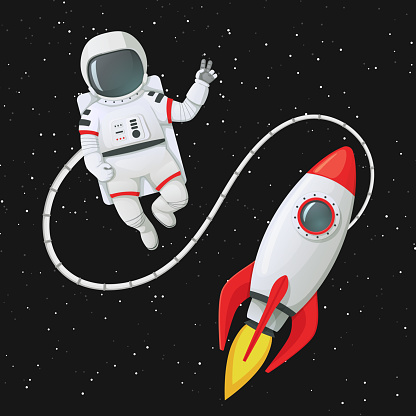 Vector illustration. Astronaut in space tethered to the rocketship making peace or v sign, gesture. Dark space with stars in a background.