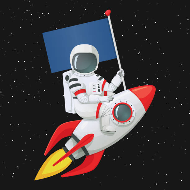 Astronaut sitting astride the rocket ship holding the flag with left hand and touching the ship with the other. Astronaut sitting astride the rocket ship holding the flag with left hand and touching the ship with the other. Dark space with stars in the background. legs apart stock illustrations