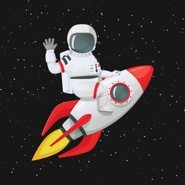 ilustraciones, imágenes clip art, dibujos animados e iconos de stock de astronauta sentado a horcajadas en la nave espacial agitar una mano y tocar la nave con el otro. - astronaut space zero gravity spacewalk