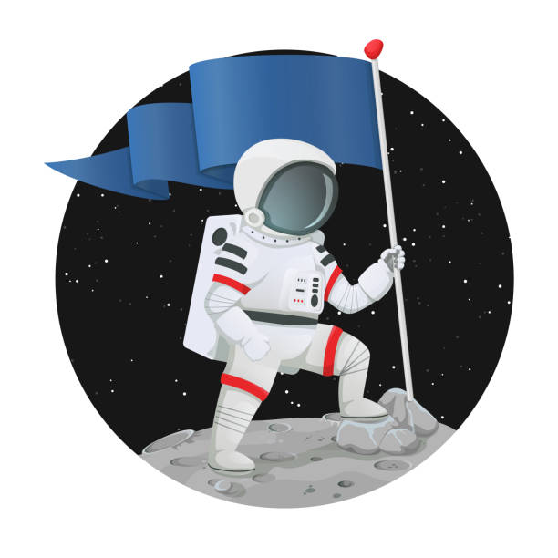 astronaut mit der flagge triumphierend auf der oberfläche eines planeten mit dunklen raum und sterne im hintergrund stehen. erfolg, erfolg, ziel oder motivation konzept. - super moon stock-grafiken, -clipart, -cartoons und -symbole