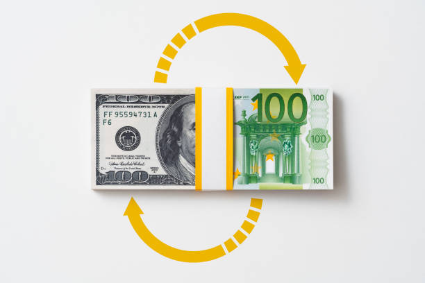 International money exchange concept. Half dollar half euro banknote with arrow sign on white background.