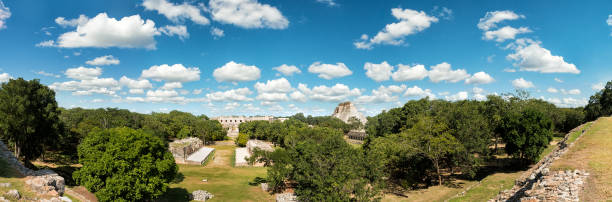 Girl walking on the mayan pyramid stairs in ancient city of Uxmal in Yucatan