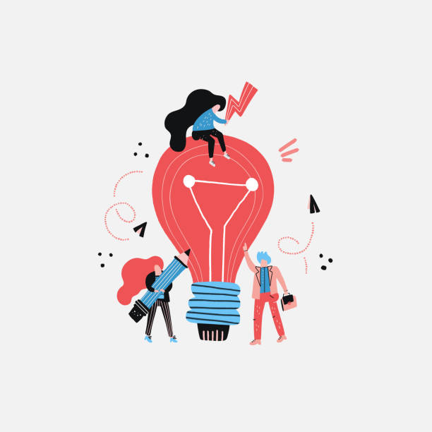 Lightbulb and workers Group of people working around lightbulb - conceptual illustration for solving problems and creativity. Vector flat style drawing. motivation illustrations stock illustrations