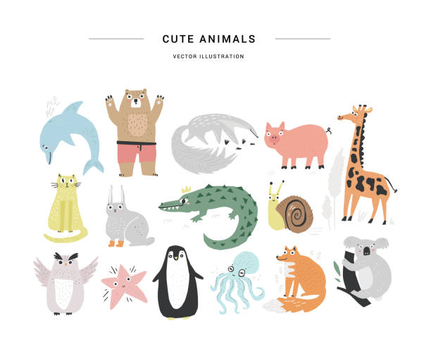 Scrapbook animals vector Unique vector illustration with animals. Elements were cut out from actual paper. Collection of scrapbooking elements forÂ nursery or kids room poster. craft kit stock illustrations