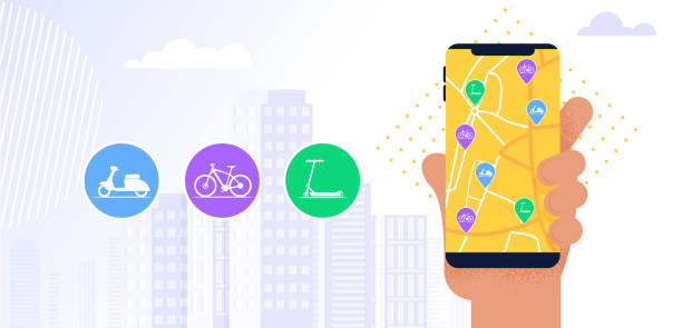 illustrations, cliparts, dessins animés et icônes de illustration car sharing service application mobile - location vélo