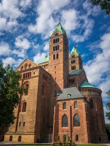 View from the southeast to historic Speyer Cathedral, Germany. It is the largest preserved romanesque church and UNESCO world heritage site