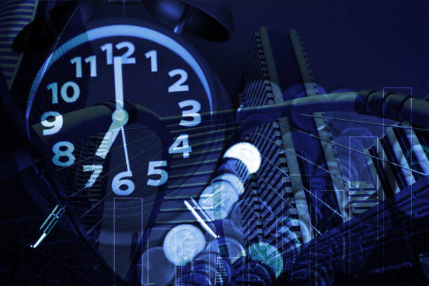 istock Double exposure of coins stack with alarm clock background and finance graph for business and financial concept. 1093763590