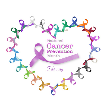 National cancer prevention month February text  in heart cycle of multi-color & lavender purple colour ribbons raising awareness of all kind tumors