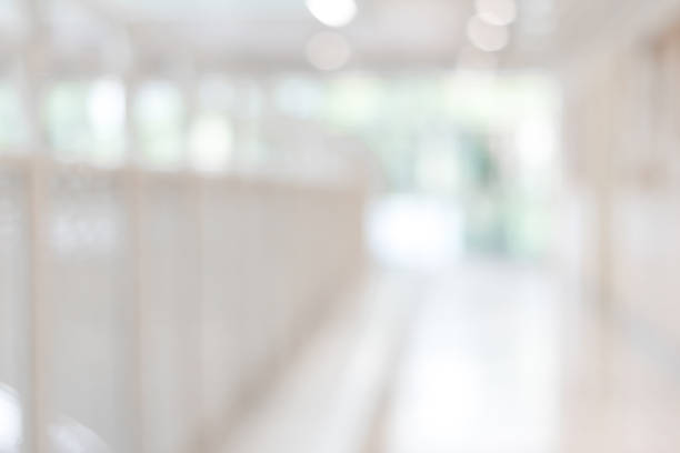istock Corridor in school or office building blur background with blurry interior view empty hall way, glass curtain wall and floor with exterior light illumination 1093771962