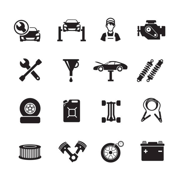 Car service icon Car service icon, Set of 16 editable filled, Simple clearly defined shapes in one color. shock absorber stock illustrations