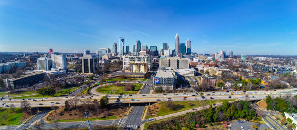 Aerial Panorama of Downtown Charlotte, North Carolina, USA Skyline Charlotte, North Carolina, USA Drone Skyline Aerial university of north carolina photos stock pictures, royalty-free photos & images