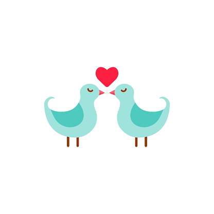 Love birds Icon on white background. Cute Couple Of Birds With Heart. Love symbol, logo sign. Valentine s Day vector illustration.