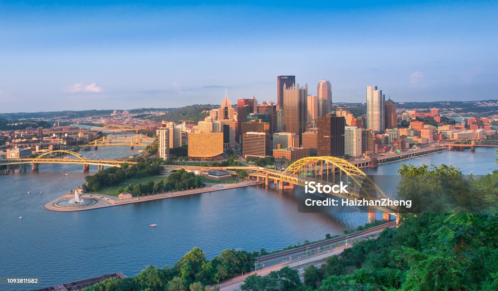 Panoramic view of Pittsburgh and the 3 rivers Urban Skyline, City, Bridge - Built Structure, Cityscape, Dusk Pittsburgh Stock Photo
