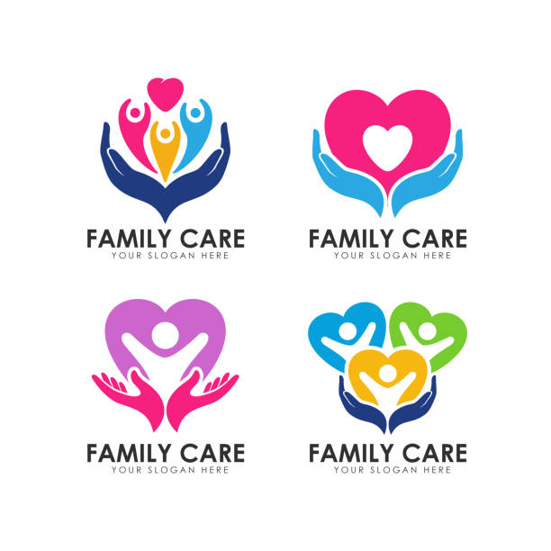 illustrazioni stock, clip art, cartoni animati e icone di tendenza di modello di design icone per la cura della famiglia. icona vettoriale per la cura delle mani e la forma del cuore - accudire immagine
