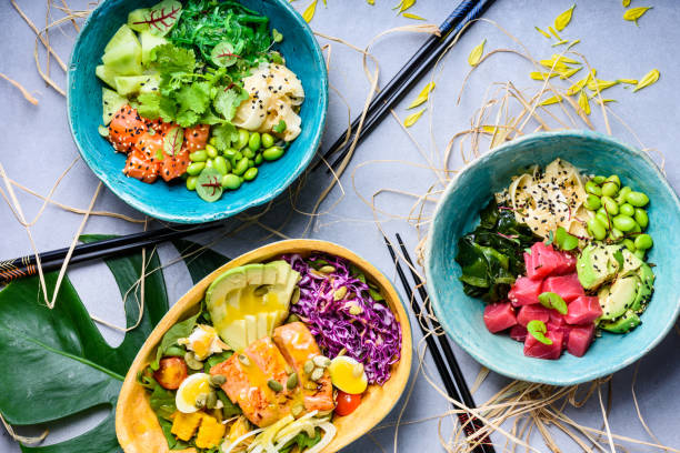 hawaiian ahi poke bowl, tuna and salmon.raw organic. - tuna sashimi sea fish imagens e fotografias de stock