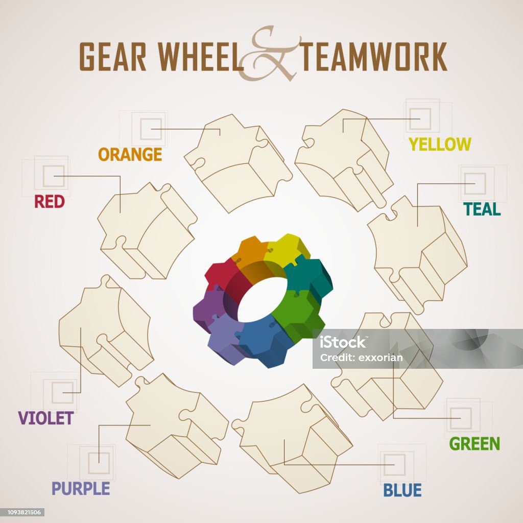Gear Wheel And Teamwork Concept Differences color in part of gear wheel with outline model to express team spirit. Gear - Mechanism stock vector