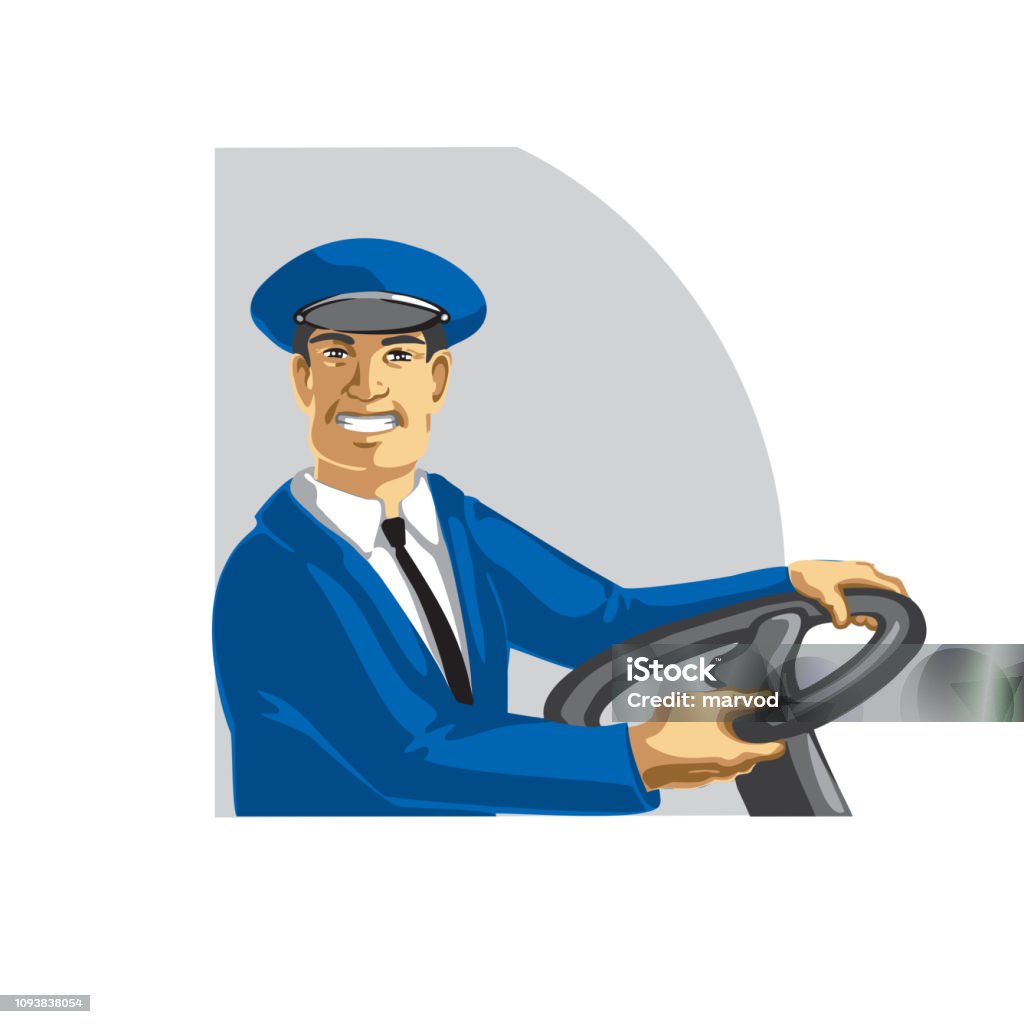 Smiling Happy Public Transport Driver With Wheel Stock Illustration -  Download Image Now - Bus Driver, Adult, Adults Only - iStock