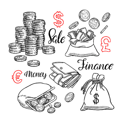 Cute set of coin, money, finance. Hand-drawn illustration