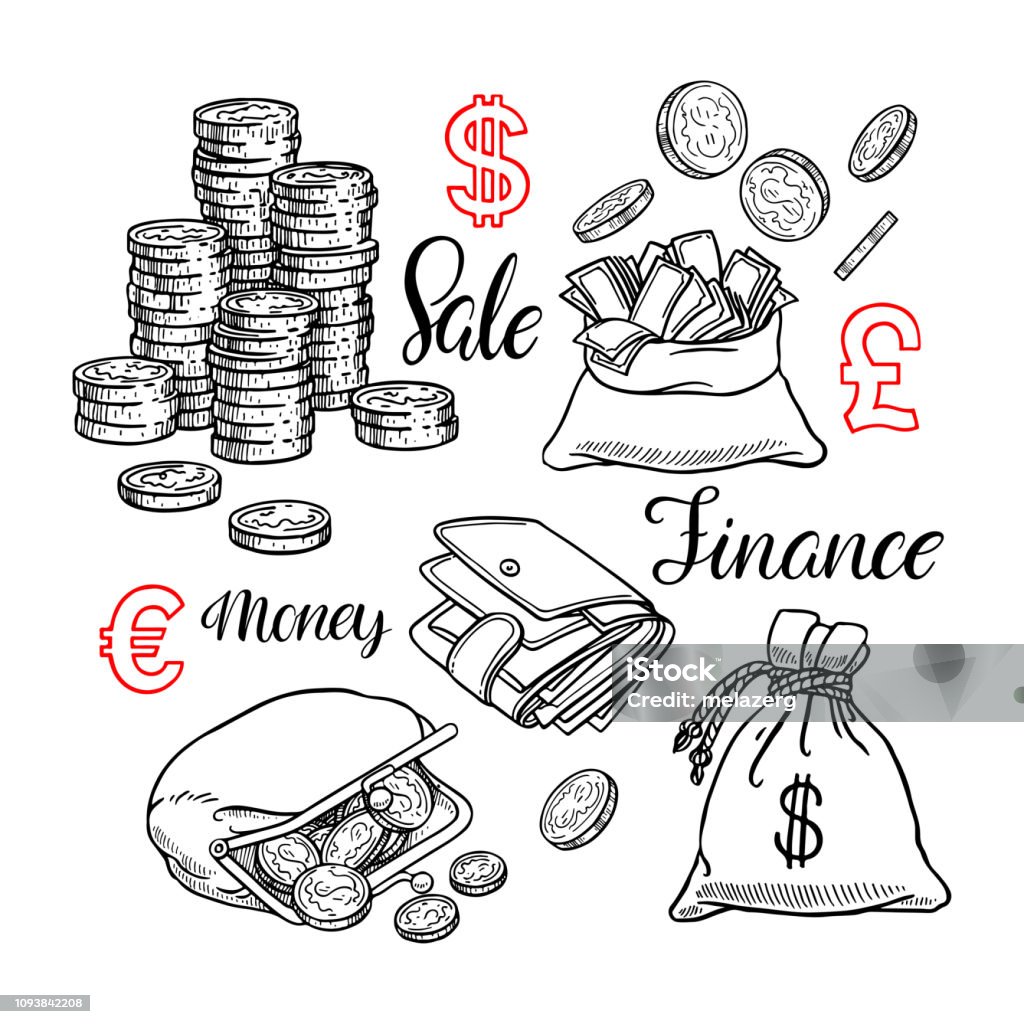 Cute set of money Cute set of coin, money, finance. Hand-drawn illustration Currency stock vector