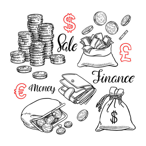 Cute set of money Cute set of coin, money, finance. Hand-drawn illustration euro symbol illustrations stock illustrations