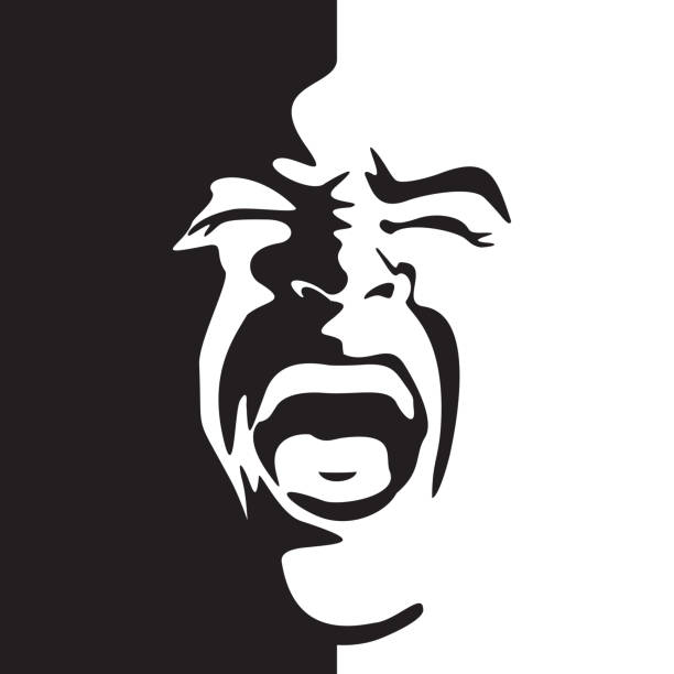 Screaming face shout in black and white vector graphics. Emotional scream of a man with open shouting mouth - expression drawing in graffiti style. shouting stock illustrations