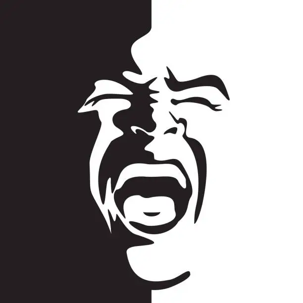 Vector illustration of Screaming face shout in black and white vector graphics.