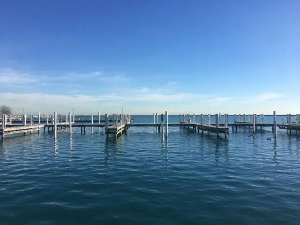 Empty docks on Michigan lake, Chicago on a warm summer afternoon when all the boats are away at work