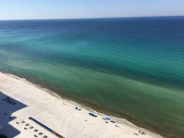 Birds eye view of serene waters at Panama city Beach, Orange county and white sand beach in Florida, US