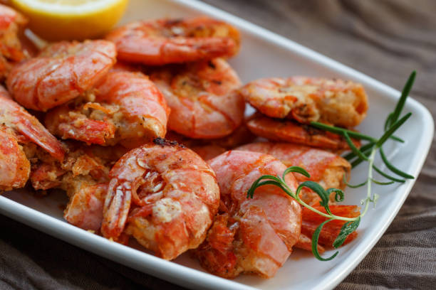 row tiger shrimp stock photo