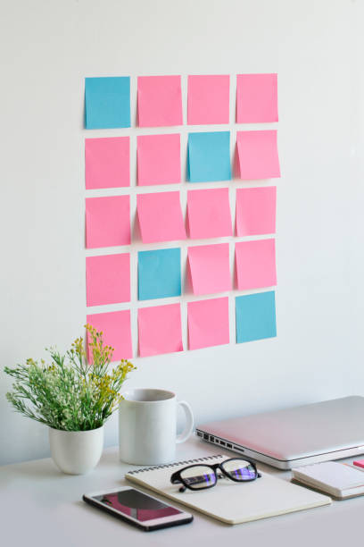 Blank sticky notes paper on wall. Well organised blank sticky notes on office wall. neat office stock pictures, royalty-free photos & images