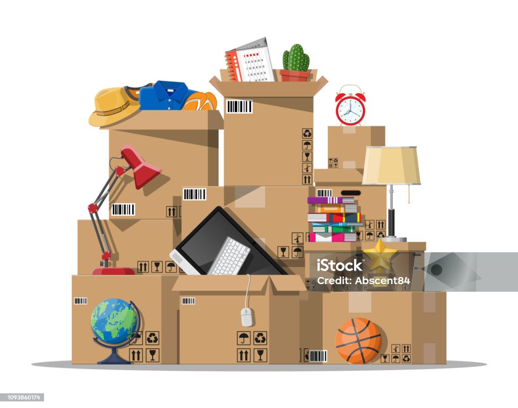 Moving to new house. Family relocated to new home. Moving to new house. Family relocated to new home. Paper cardboard boxes with various household thing. Package for transportation. Computer, lamp, clothes, books. Vector illustration in flat style Relocation stock vector