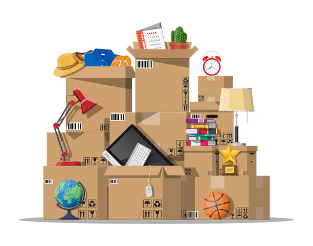 Moving to new house. Family relocated to new home. Moving to new house. Family relocated to new home. Paper cardboard boxes with various household thing. Package for transportation. Computer, lamp, clothes, books. Vector illustration in flat style moving stock illustrations