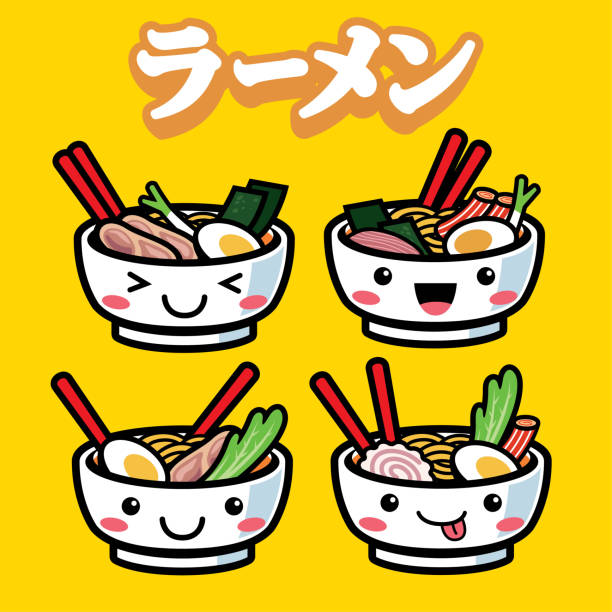 ilustraciones, imágenes clip art, dibujos animados e iconos de stock de ramen con estilo de dibujos animados lindo - cooked soup food bowl
