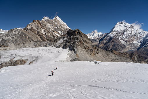 Trail from Mera peak base camp to Mera peak high camp walk on glacier, Khumbu region Himalayas mountain, Nepal, Asia