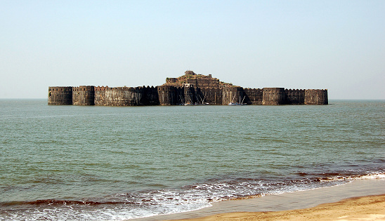 Murud-Janjira Fort situated on an oval-shaped rock off the Arabian Sea coast near the port town of Murad, 165 km or 103 mi south of Mumbai