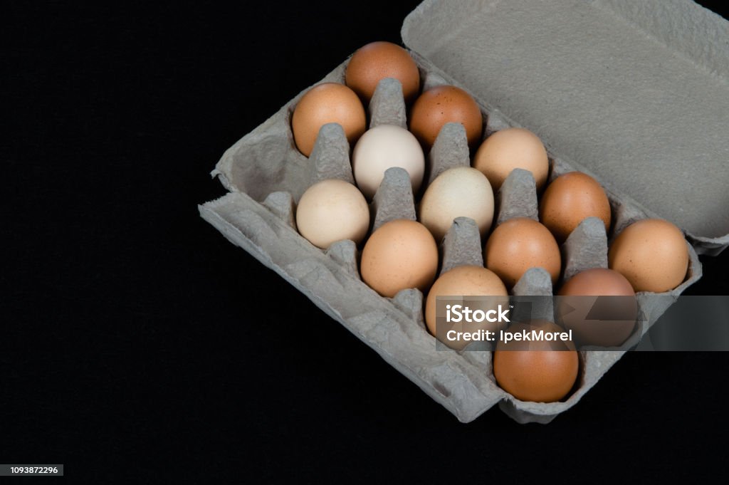 Fourteen chicken eggs in a carton box, isolated on black mat background Fourteen chicken eggs in a carton box, isolated on black felt background. Animal Egg Stock Photo