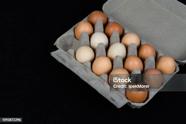 Fourteen Chicken Eggs In A Carton Box Isolated On Black Mat Background Stock Photo - Download Image Now
