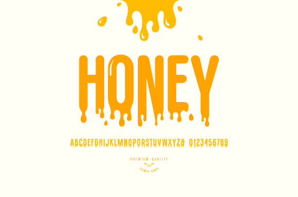 Decorative sans serif font Decorative sans serif font. Letters and numbers for honey label design sans font stock illustrations