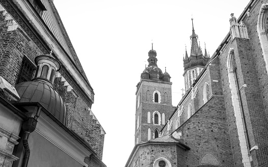 Black and white photo of St Mary's Basilica in Krakow, Poland