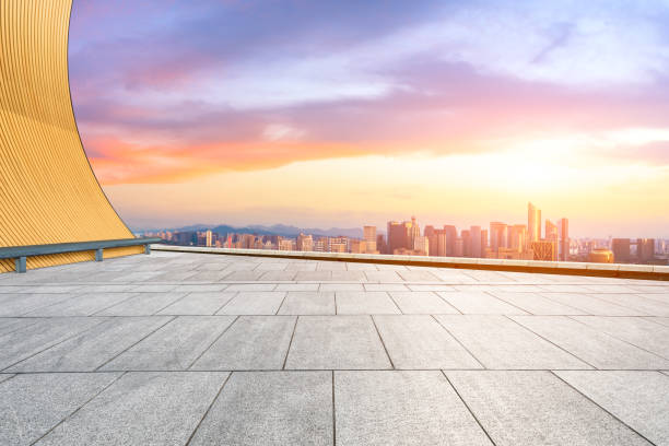 istock Empty floor and city skyline at sunrise in hangzhou 1093889052