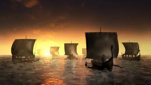 Vikings ships on the foggy water. Misty morning by the sunrise. 3D render illustration.